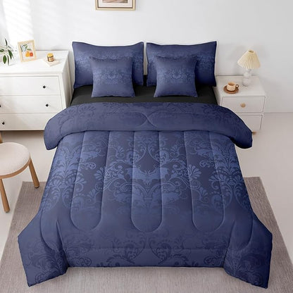 Erosebridal Gothic Damask Bed in a Bag King Size Comforter Set 7 Pieces,Halloween Bat Bedding Sets Azure Blue Victorian Floral Goth Sheet Set with Comforter