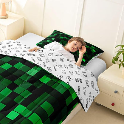 Pixelated Miners Game Kids Comforter Set Twin Size,Geometric Check Video Games Bedding Set Boys Room Decor,Gamepad Camo Grid Quilt Comforter,Black Green Duvet Set Bedroom Quilt Set,1 Pillowcase