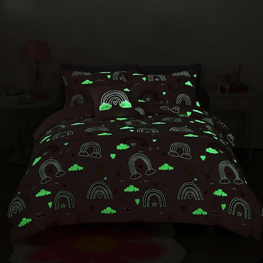 Glow in The Dark Kids Comforter Set Full Size for Girls, Pink Rainbow Bedding Set 1 Comforter, 1 Decor Pillow, 2 Pillow Shams