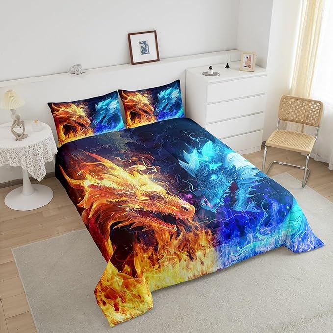 Dragon Comforter Set,Ice and Fire Magical Dragon Twin Size Boys Bedding Set for Kids Teens Men Adults Room Decor,Animal Pattern Duvet Insert,Blue and Golden Wildlife Quilt Set 2Pcs,1 Pillowcase