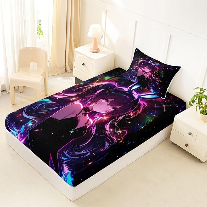 Erosebridal Cute Bunny Girls Twin Bed Sheets Japanese Anime Girl Fitted Sheet,Cartoon 3D Kids Bedding Sets Magical Neon Stars Sheets with 1 Pillowcase