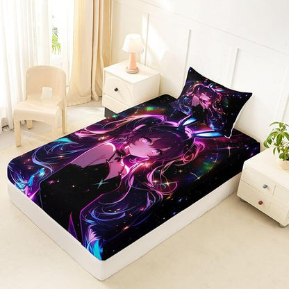 Erosebridal Cute Bunny Girls Twin Bed Sheets Japanese Anime Girl Fitted Sheet,Cartoon 3D Kids Bedding Sets Magical Neon Stars Sheets with 1 Pillowcase