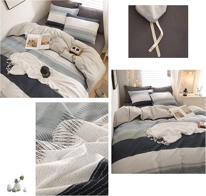 LifeTB Cotton Striped Duvet Cover Set Queen White Blue Gray Stripes Pattern Comforter Cover Geometric Striped Bedding Set Modern Soft Geometric Print Duvet Cover for Men Boys Farmhouse Bedding Set