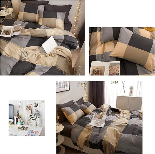 HighBuy Khaki Queen Comforter Set Buffalo Plaid Checkered Bedding Comforter Set Modern Style Gingham Comforter with 2 Pillow Shams Grid Pattern Bedding Comforter Queen for Boys Men All Season
