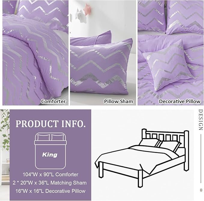 Menghomeus Purple/Silver Comforter Set King Lavender Metallic Print Glitter Bed Comforter Cute Shinny Bedding for Teen Girls Kids Women, 4 Piece (2 Pillowcases, 1 Decorative Pillow Sham)