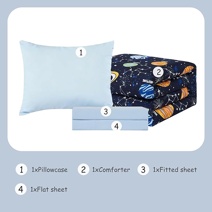Toddler Bedding Set - 4 Pieces Toddler Comforter Set for Kids Boys, Glow in The Dark Space Bed in A Bag with Sheets