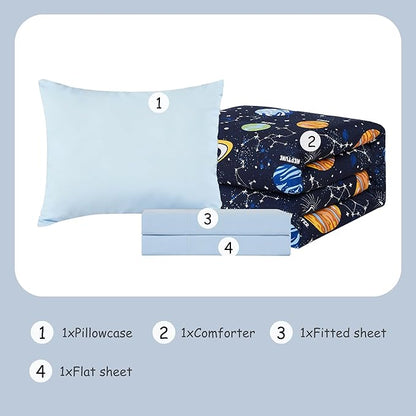 Toddler Bedding Set - 4 Pieces Toddler Comforter Set for Kids Boys, Glow in The Dark Space Bed in A Bag with Sheets