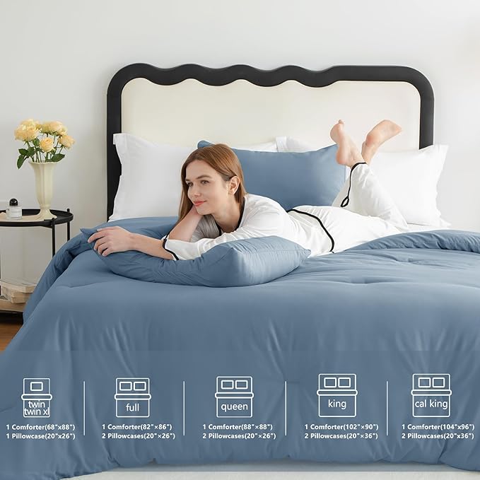 CozyLux Queen Comforter Set Grayish Blue, 3 Pieces Solid Comforters Queen Size Breathable Bedding Sets, Dusty Blue Luxury Soft Lightweight Bed Set with Down Alternative Comforter and 2 Pillowcases
