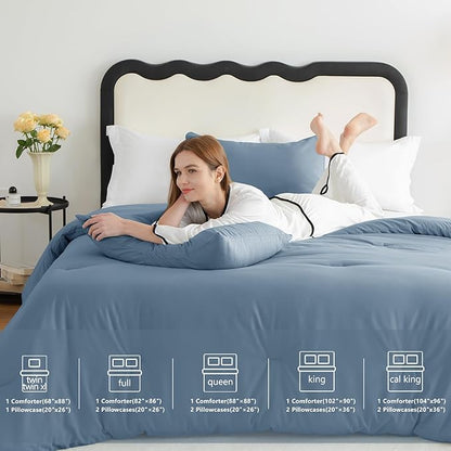 CozyLux Queen Comforter Set Grayish Blue, 3 Pieces Solid Comforters Queen Size Breathable Bedding Sets, Dusty Blue Luxury Soft Lightweight Bed Set with Down Alternative Comforter and 2 Pillowcases