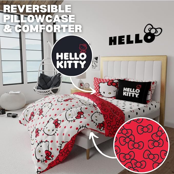 Hello Kitty Polka Dot Bedding 7 Piece Super Soft Comforter and Sheet Set with Sham, Full, (Official Licensed Product) by Franco Collectibles