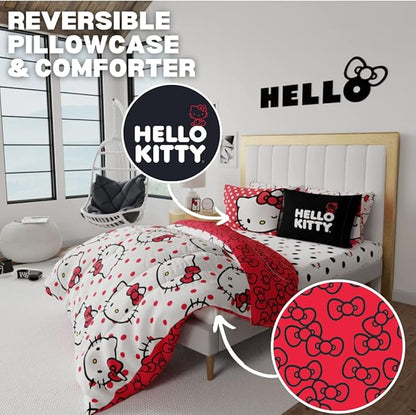 Hello Kitty Polka Dot Bedding 7 Piece Super Soft Comforter and Sheet Set with Sham, Full, (Official Licensed Product) by Franco Collectibles