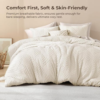 Litanika California King Comforter Set Beige, 3 Pieces Cream Tufted Boho Farmhouse Bedding Comforter Sets, Lightweight Fluffy Comforter Bed Set for All Season (104x96In Comforter and 2 Pillowcases)