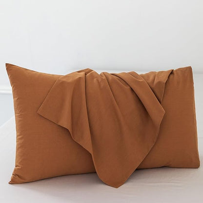 MooMee Bedding Pillowcases Pack of 2 100% Washed Cotton Linen Like Textured Breathable Durable Soft Comfy (Solid Dark Orange, Standard)