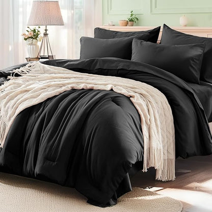 Anluoer Black California King Comforter Set 7 Pieces, Bed in a Bag with Sheets, All Season Bedding Sets with 1 Comforter, 2 Pillow Shams, 2 Pillowcases, 1 Flat Sheet, 1 Fitted Sheet
