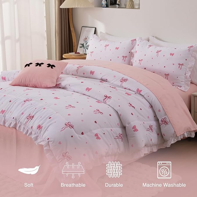 A Nice Night Polka Dot Bow Comforter Set,6 Piece Bed in a Bag Chic Bowknot Bedding Sets,Princess Ruffle Style,White Room Decor for Girls,Twin