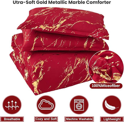 WONGS BEDDING Red Gold Metallic Marble Comforter Set Queen,Red Christmas Bedding Sets with 2 Pillowcases for All Seasons, Soft Microfiber Filling Bedding Duvet Set 90"x90"