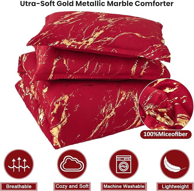WONGS BEDDING Red Gold Metallic Marble Comforter Set King,Red Christmas Bedding Sets with 2 Pillowcases for All Seasons, Soft Microfiber Filling Bedding Duvet Set 103"x90"