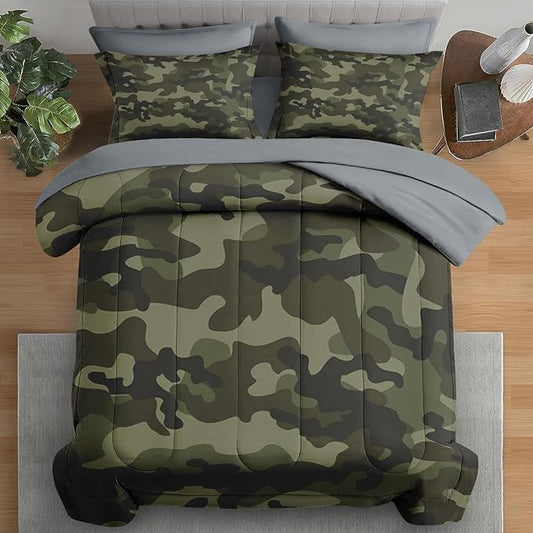 Comforter Set Full Size, Army Camouflage Camo 7 Pcs Bedding for Kids and Adults, Military French Green Bed Sheet Sets with Fitted Sheet 2 Pillowcases & 2 Shams for Bedroom Bed Decor