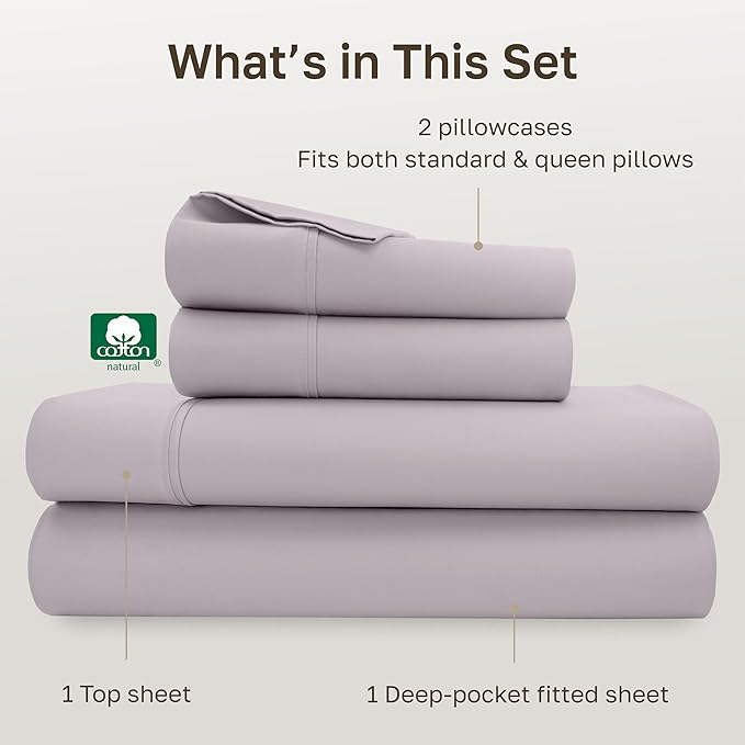California Design Den Queen Sheet Set - Soft 400 Thread Count Sateen, Natural 100% Cotton Sheets for Queen Size Bed, Deep Pockets for a Snug Fit, Durable Bedding Set - Dusky Lavender Grey