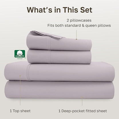 California Design Den Queen Sheet Set - Soft 400 Thread Count Sateen, Natural 100% Cotton Sheets for Queen Size Bed, Deep Pockets for a Snug Fit, Durable Bedding Set - Dusky Lavender Grey
