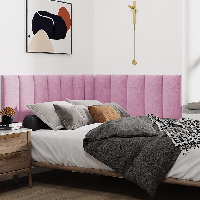 IFNOW Wall Mounted Headboard, Peel and Stick Panels, Light Pink, King | 3D Soundproof Acoustic Padding, Reusable and Removable Tufted fabric Bed Headboard for bedroom (12 Panels, 10" x 24")