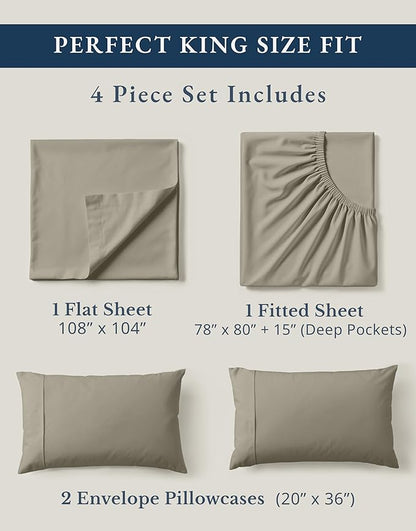 LANE LINEN 100% Organic Cotton King Sheet Set, 4Pc Cotton Sheets King Size, Soft & Comfy Percale Eco Friendly Sustainably Produced Bedding Sheets & Pillowcases, 15" Deep Pocket King Sheet Set - Silver