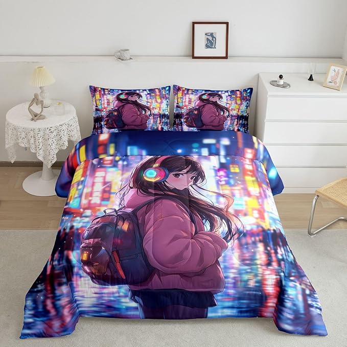Erosebridal Cool Anime Girl King Down Comforter Japanese Style Kids Comforter Set 3D Cartoon Girly Anime Bedding Set Sci Fi Style Gaming Bed Set Room Decor 3 Pcs