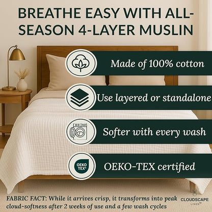 CLOUDSCAPE 100% Cotton Muslin Blanket Twin Size, 4 Layer Oversized 68x92 Fits Twin XL Bed, Soft Breathable, Lightweight, Summer Blanket for Adults, Perfect Spring Gift for All Season - White