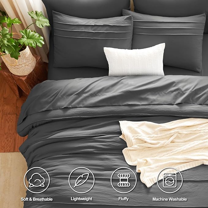 CozyLux Queen Comforter Set Dark Grey, 7 Pieces Soft Pinch Pleat Bed in a Bag Queen Comforter Set with Sheets, Boho Bed Set with Down Alternative Comforter, Sheets, Pillowcases & Shams