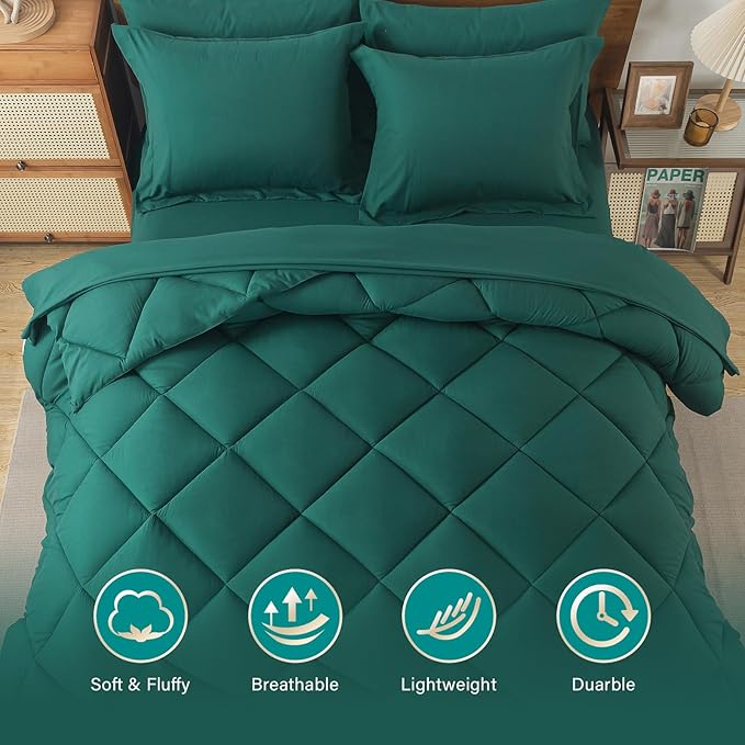 Cosybay Bed in a Bag King Comforter Sets 7pcs All Season Solid Down Alternative Bedding Sets Dark Green with Comforter, Pillow Shams, Flat Sheet, Fitted Sheet and Pillowcases