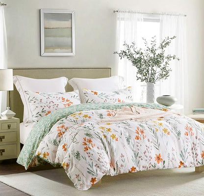 SLEEPBELLA Duvet Cover Set 600 Thread Count Cotton Bedding Set (Twin, White&Green Floral)