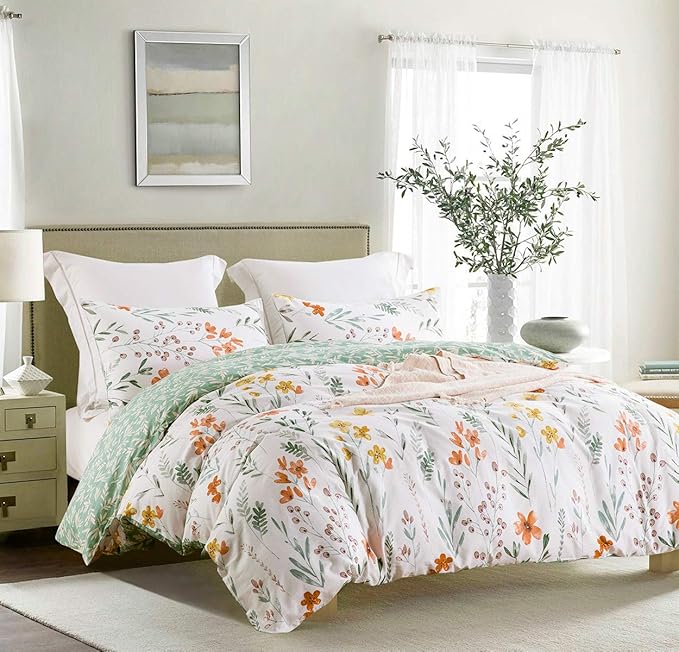 SLEEPBELLA Duvet Cover Set 600 Thread Count Cotton Bedding Set (Full, White&Green Floral)