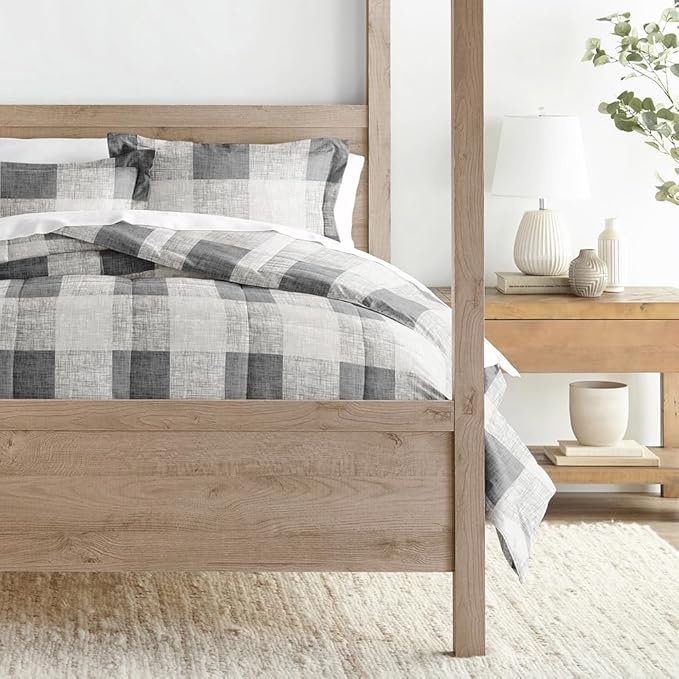 LINENS & HUTCH Comforter Set Patterned Microfiber All Season Down-Alternative Ultra Soft Bedding in Gingham - King/Cal-King Gingham Gray