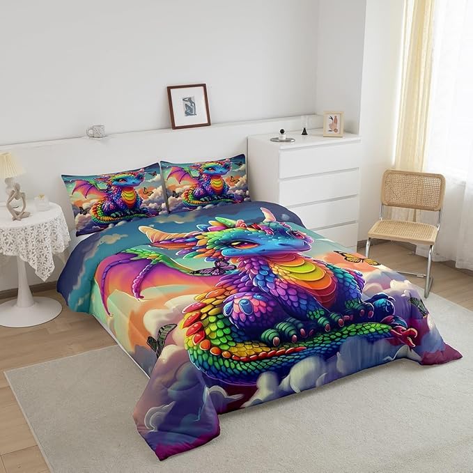 Castle Fairy Colorful Dragon Bedding Set King Size Fancy Western Animal Comforter Set for Girls Boys Teens Room Decor Wild Butterfly Down Comforter Sunny Sky Clouds Quilt Set with 2 Pillowcases