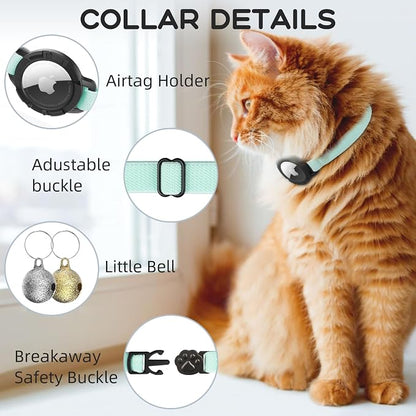AirTag Cat Collars, Stretchy Collar with AirTag Holder and Bell | Breakaway - Ultra Design Elastic - GPS Tracking Collars - Adjustable Size for Cats & Puppies 7.5-12.5" - (Green)