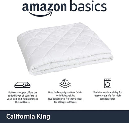 Amazon Basics Hypoallergenic Breathable Quilted Mattress Topper Pad with Elastic, California King, 18 Inches Deep, White