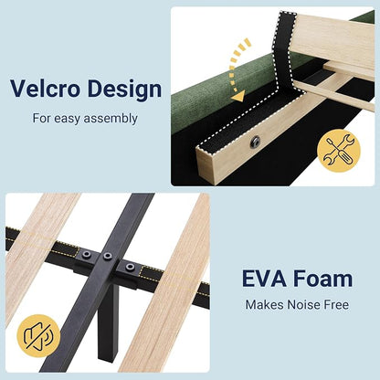 Allewie Full Size Platform Bed Frame with Fabric Upholstered Headboard and Wooden Slats Support, Fully Upholstered Mattress Foundation/No Box Spring Needed/Easy Assembly, Green