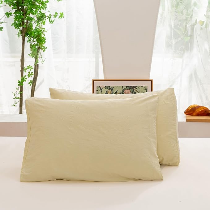 ECOCOTT Duvet Cover King Size, 100% Washed Cotton Linen-Like Soft & Breathable, Durable Comfy Bedding Set for All Seasons Light Yellow