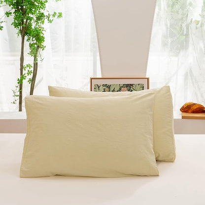 ECOCOTT Duvet Cover Set, 100% Washed Cotton Linen-Like Soft & Breathable, Durable Comfy Bedding Set for All Seasons (Light Yellow, Queen)