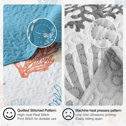 HORIMOTE HOME Coastal Quilt Bedding Set King Size, Reversible Summer Beach Quilt Lightweight Ocean Nautical Comforter Tropical Bedspread Coverlet with 2 Pillow Shams for All Seasons (106"x96")