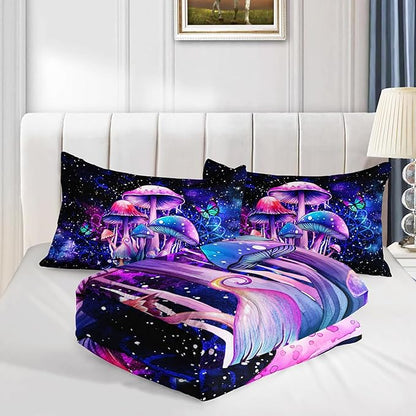 Fantasy Mushrooms Comforter Set Twin,Galaxy Fantasy 3 Pieces Bedding Set for Teens Kids,Violet Down Alternative Bed Comforters Bedding Sets for All Season