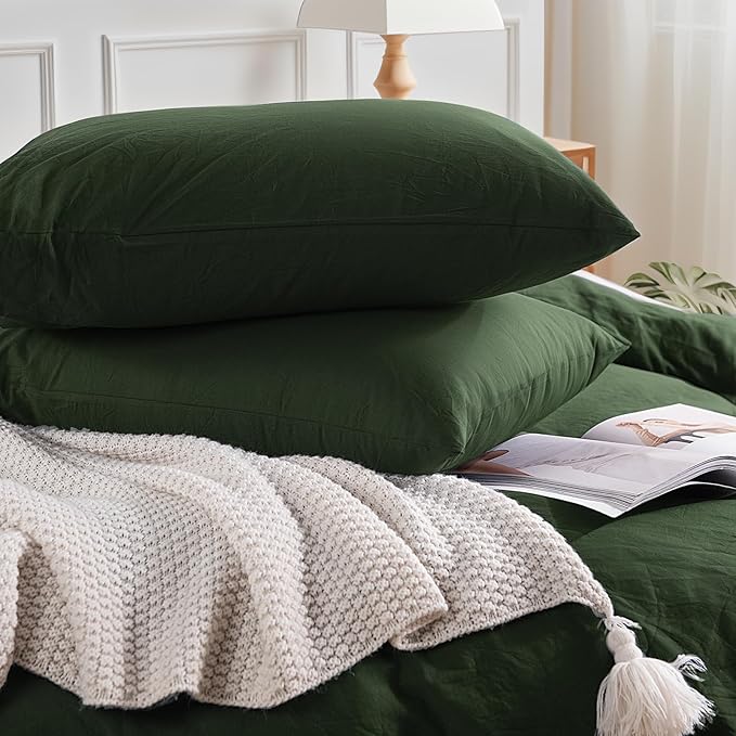 NEXHOME PRO King Duvet Cover Set – 100% Certified Organic Cotton with Washed Feel & Linen-Like Texture, Comfortable & Breathable, Home Bedding Set Olive Green (No Comforter)