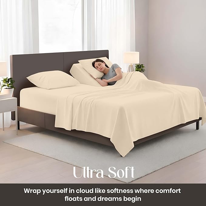 SGI bedding Adjustable Split Head Flex Top King 34" Microfiber Sheet Set – Ultra Soft, Cooling & Deep Pocket 15” Fitted, 4-Piece Breathable & Durable Bedding Set for Split King Beds -Beige