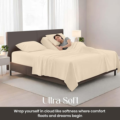 SGI bedding Adjustable Split Head Flex Top King 34" Microfiber Sheet Set – Ultra Soft, Cooling & Deep Pocket 15” Fitted, 4-Piece Breathable & Durable Bedding Set for Split King Beds -Beige
