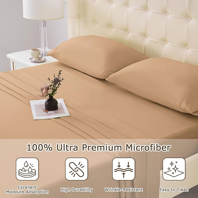 Full Size Bed Sheet Set - 4 Piece Soft Microfiber Sheets with Deep Pockets, Cooling Technology, and Wrinkle-Free Pillowcase. Hotel-Quality, Durable Bedding, Brush