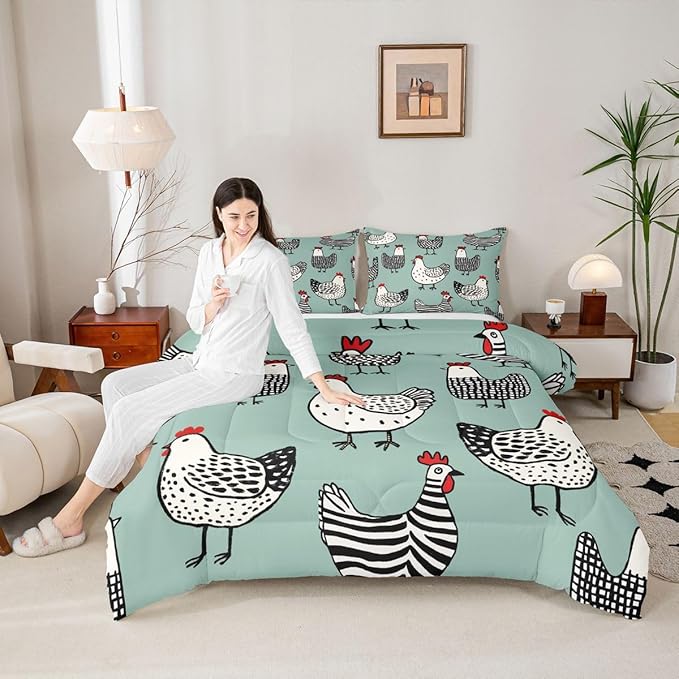Erosebridal Chicken Comforter Set, Cartoon Chick Bedding Set King Size, Cute Farmhouse Animal Down Comforter for Children Young, Teal Black Bedding Sets & Collections Warm Soft Bedroom Decor