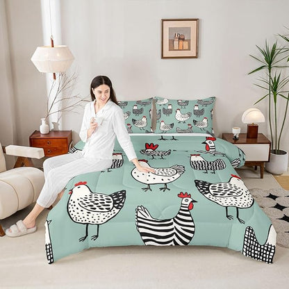 Erosebridal Chicken Comforter Set, Cartoon Chick Bedding Set King Size, Cute Farmhouse Animal Down Comforter for Children Young, Teal Black Bedding Sets & Collections Warm Soft Bedroom Decor