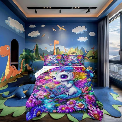 Cartoon Dragon 3 Pcs King Size Comforter Set,Watercolor Flowers Down Alternative Adults Bedroom Decor,Western Wildlife Animal Ultra Soft Microfiber Inner Fill 3Pcs Bedding
