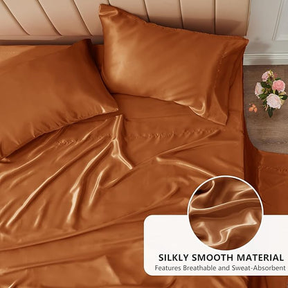 CozyLux Satin Sheets Full Size Sheets - 4 Piece Silky Full Size Bed Sheets, Luxury Terracotta Full Bed Set with Smooth and Soft Microfiber, Includes 1 Fitted Sheet, 1 Flat Sheet and 2 Pillowcases