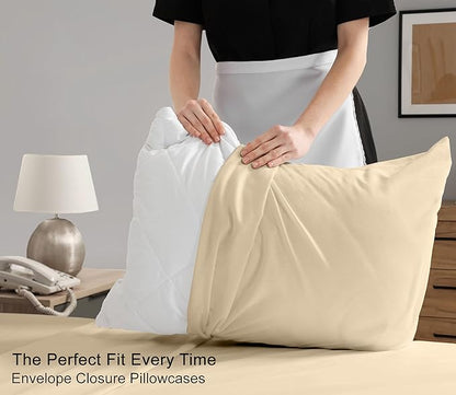 RUVANTI 100% Cotton Sheets – Queen Size Percale Bedding, Cooling & Breathable, Durable with a Crisp, Soft & Comfortable Feel, 16" Deep Pocket, 4-Piece Set, Beige